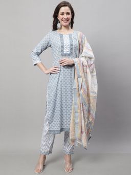 Rajnandini - Women Grey Pure Cotton Jaipuri Printed Kurta with Dupatta (Set of 3)