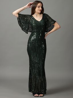 SHOWOFF - Womens Embellished V-Neck Green Maxi Dress