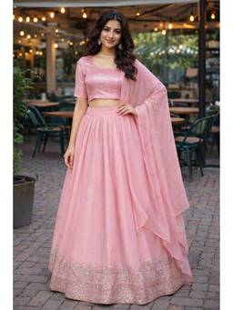 GLOBON IMPEX - Women's Pink Embroidered Lehenga with Unstitched Choli and Dupatta