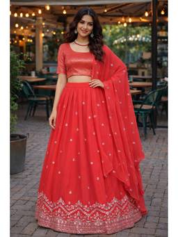 GLOBON IMPEX - Women's Red Embroidered Lehenga with Unstitched Choli and Dupatta