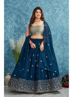 GLOBON IMPEX - Women's Teal Embroidered Lehenga with Unstitched Choli and Dupatta