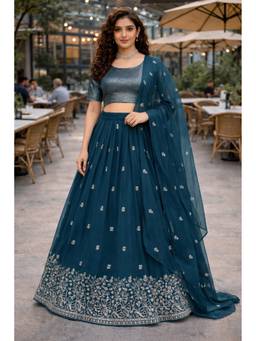 GLOBON IMPEX - Women's Teal Blue Embroidered Lehenga with Unstitched Choli and Dupatta