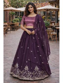 GLOBON IMPEX - Women's Wine Embroidered Lehenga with Unstitched Choli and Dupatta