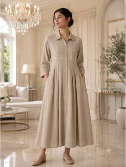 Indisangam - Women's Beige Cotton Slub Pleated Shirt Dress
