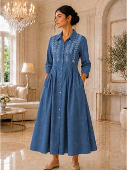 Indisangam - Women's Blue Cotton Slub Pleated Shirt Dress