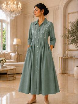Indisangam - Women's Teal Green Cotton Slub Pleated Shirt Dress
