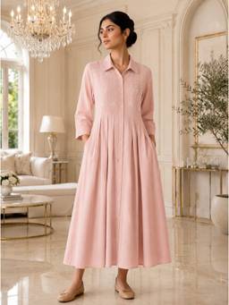 Indisangam - Women's Nude Pink Cotton Slub Pleated Shirt Dress