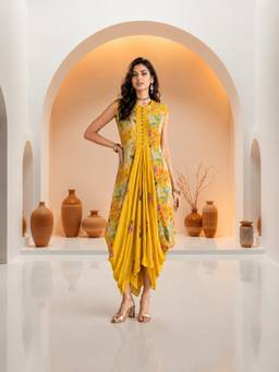 Indisangam - Women's Yellow Crepe Printed Ethnic Dress