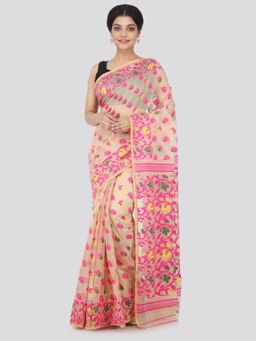 PinkLoom - Women's Soft Cotton Jamdani Saree Without Blouse Piece,Beige