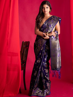 Beatitude - Blue Banarasi Saree with Unstitched Blouse