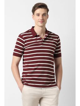 Peter England - Men Maroon Stripe Polo T-Shirt