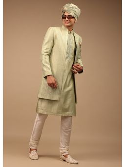 KALKI FASHION - Pista Green Sherwani with Intricate Resham and Mirror Work (Set of 2)