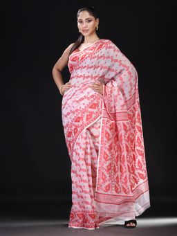 Beatitude - White Cotton Silk Woven Jacquard Jamdani Saree with Unstitched Blouse