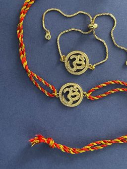 Digital Dress Room - Unique Gold Plated Diamond Studded Om Rakhi Thread & Bracelet (Pack of 2)