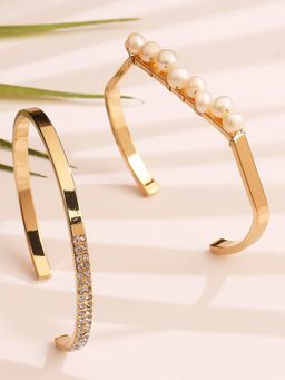 Lilly & Sparkle - Women 2 Gold-Toned White Pearls Gold-Plated Bangle-Style Bracelet