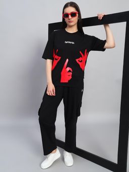 Griffel - Women Black Cotton Printed T-Shirt with Pant