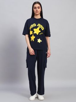 Griffel - Women Navy Blue Cotton Printed T-Shirt with Pant