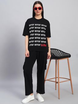 Griffel - Women Black Cotton Typography T-Shirt with Pant