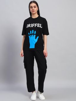Griffel - Women Black Cotton Printed T-Shirt with Pant
