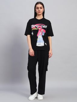 Griffel - Women Black Cotton Printed T-Shirt with Pant