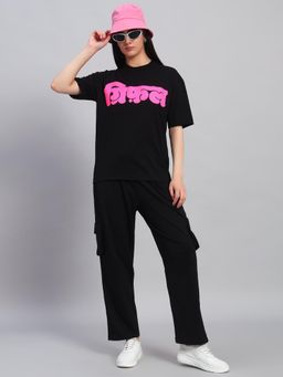 Griffel - Women Black Cotton Printed T-Shirt with Pant