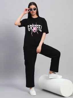 Griffel - Women Black Cotton Printed T-Shirt with Pant