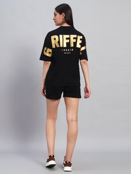 Griffel - Women Black Cotton Typography T-Shirt with Shorts