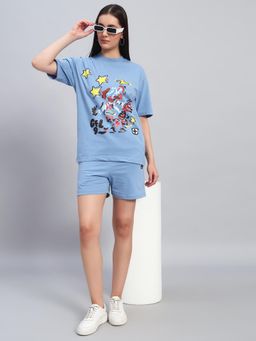Griffel - Women Blue Cotton Printed T-Shirt with Shorts