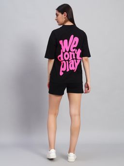 Griffel - Women Black Cotton Typography T-Shirt with Shorts