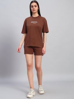 Griffel - Women Brown Cotton Typography T-Shirt with Shorts
