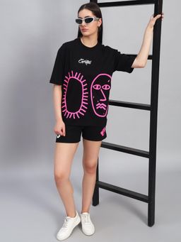 Griffel - Women Black Cotton Printed T-Shirt with Shorts