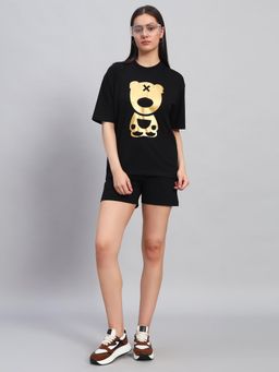 Griffel - Women Black Cotton Printed T-Shirt with Shorts