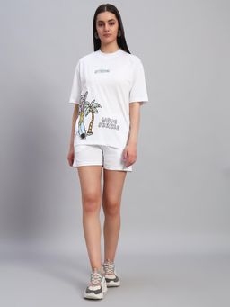 Griffel - Women White Cotton Printed T-Shirt with Shorts