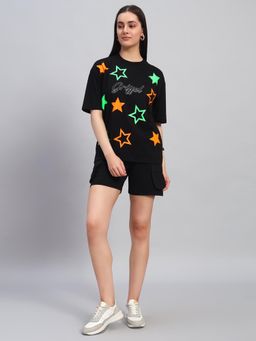 Griffel - Women Black Cotton Printed T-Shirt with Shorts