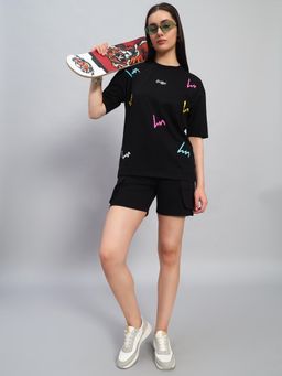 Griffel - Women Black Cotton Printed T-Shirt with Shorts