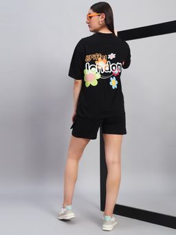 Griffel - Women Black Cotton Printed T-Shirt with Shorts