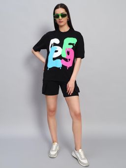 Griffel - Women Black Cotton Printed T-Shirt with Shorts