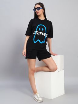 Griffel - Women Black Cotton Printed T-Shirt with Shorts