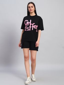 Griffel - Women Black Cotton Typography T-Shirt with Shorts