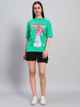 Griffel - Women Green Cotton Printed T-Shirt with Shorts