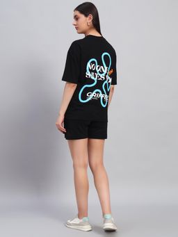 Griffel - Women Black Cotton Printed T-Shirt with Shorts