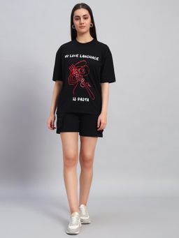 Griffel - Women Black Cotton Printed T-Shirt with Shorts