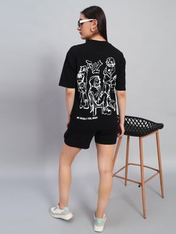 Griffel - Women Black Cotton Printed T-Shirt with Shorts