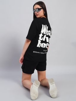 Griffel - Women Black Cotton Typography T-Shirt with Shorts