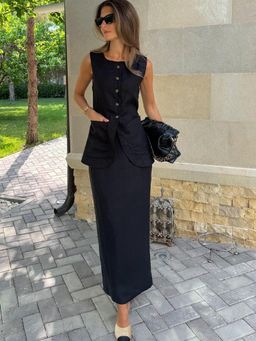 MISS MOSA BY AKANKSHA - Women Aderyn Statement Cotton Linen Vest with Skirt - Black