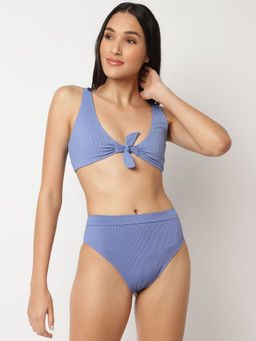 Missguided - Blue Rib Tie Front Plunge Bikini Top