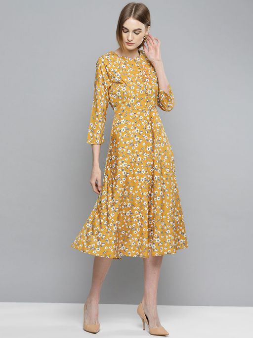 mustard yellow fit and flare dress yellow plus size dress Women Plus Size Solid Mustard Yellow Dobby Weave  Square Neck Thigh-High Slit Fit & Flare Maxi Dress
