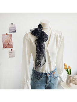 CrossKulture - Women Black Polka Dots Chiffon Ribbon Scarf