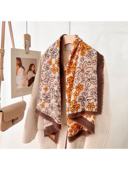 CrossKulture - Women Beige Floral Viscose Cotton Square Scarf