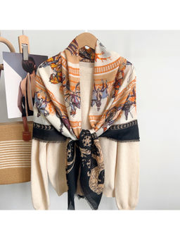 CrossKulture - Women Beige Printed Viscose Cotton Square Scarf